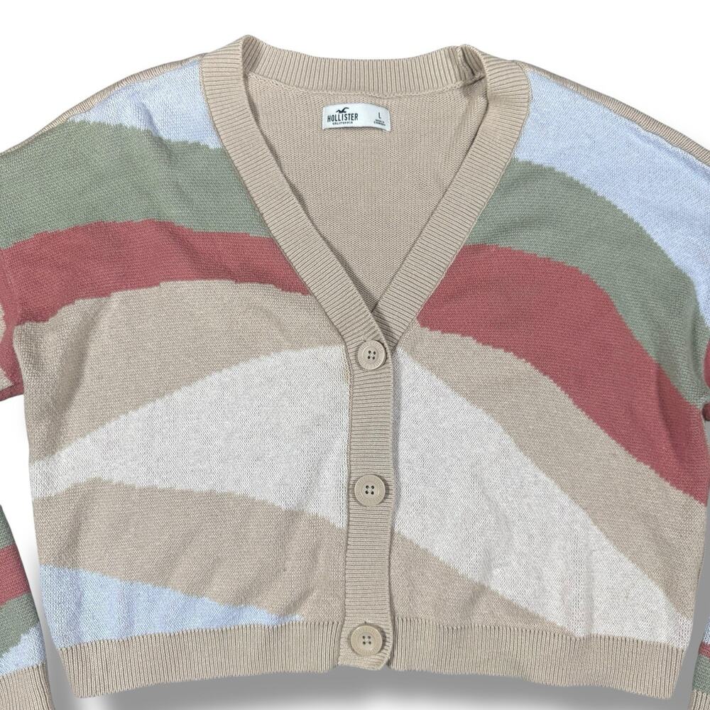 Hollister Womens Color Block Cardigan Sweater Beige Cotton Blend Size L Coquette - Picture 2 of 5